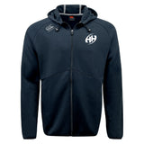 The Clarksville Headhunters Tempo Vapodri Full-Zip Hoodie by EMB Canterbury features a black zip-up design, drawstring hood, white chest logo, branded right shoulder emblem, and moisture-wicking fabric for comfort during any activity.