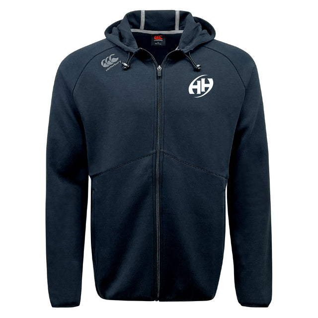 The Clarksville Headhunters Tempo Vapodri Full-Zip Hoodie by EMB Canterbury features a black zip-up design, drawstring hood, white chest logo, branded right shoulder emblem, and moisture-wicking fabric for comfort during any activity.