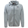 The Austin Huns Rugby Tempo Vapodri Full-Zip Hoodie by EMB Canterbury features a light grey zip-up design, two pockets, embroidered logos, and moisture-wicking fabric for all-day comfort.