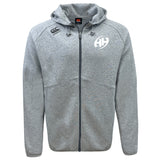 The EMB Canterbury Clarksville Headhunters Tempo Vapodri Full-Zip Hoodie features a light grey design, drawstring hood, two front pockets, chest logos, and moisture-wicking fabric for comfort during active wear.