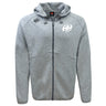The EMB Canterbury Clarksville Headhunters Tempo Vapodri Full-Zip Hoodie features a light grey design, drawstring hood, two front pockets, chest logos, and moisture-wicking fabric for comfort during active wear.