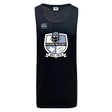 The Austin Huns Rugby Tempo Vapodri Singlet by WRS Canterbury is a sleeveless black jersey made from recycled polyester, featuring VapoDri tech and the Huns Rugby logo with viking helmet and "Huns Rugby Est. 1972" on the front.