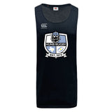 The Austin Huns Rugby Tempo Vapodri Singlet by WRS Canterbury is a sleeveless black jersey made from recycled polyester, featuring VapoDri tech and the Huns Rugby logo with viking helmet and "Huns Rugby Est. 1972" on the front.