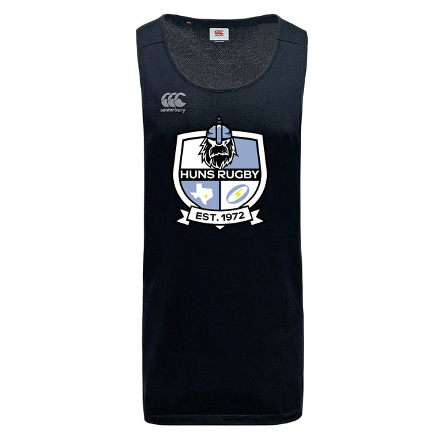 The Austin Huns Rugby Tempo Vapodri Singlet by WRS Canterbury is a sleeveless black jersey made from recycled polyester, featuring VapoDri tech and the Huns Rugby logo with viking helmet and "Huns Rugby Est. 1972" on the front.
