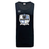 The Austin Huns Rugby Tempo Vapodri Singlet by WRS Canterbury is a sleeveless black jersey made from recycled polyester, featuring VapoDri tech and the Huns Rugby logo with viking helmet and "Huns Rugby Est. 1972" on the front.