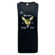 The Hornets Rugby Club Tempo Vapodri Singlet by WRS Canterbury is a black sleeveless jersey made from recycled polyester, with "Hornets Rugby Club 1977" and a bold hornet graphic on the front.