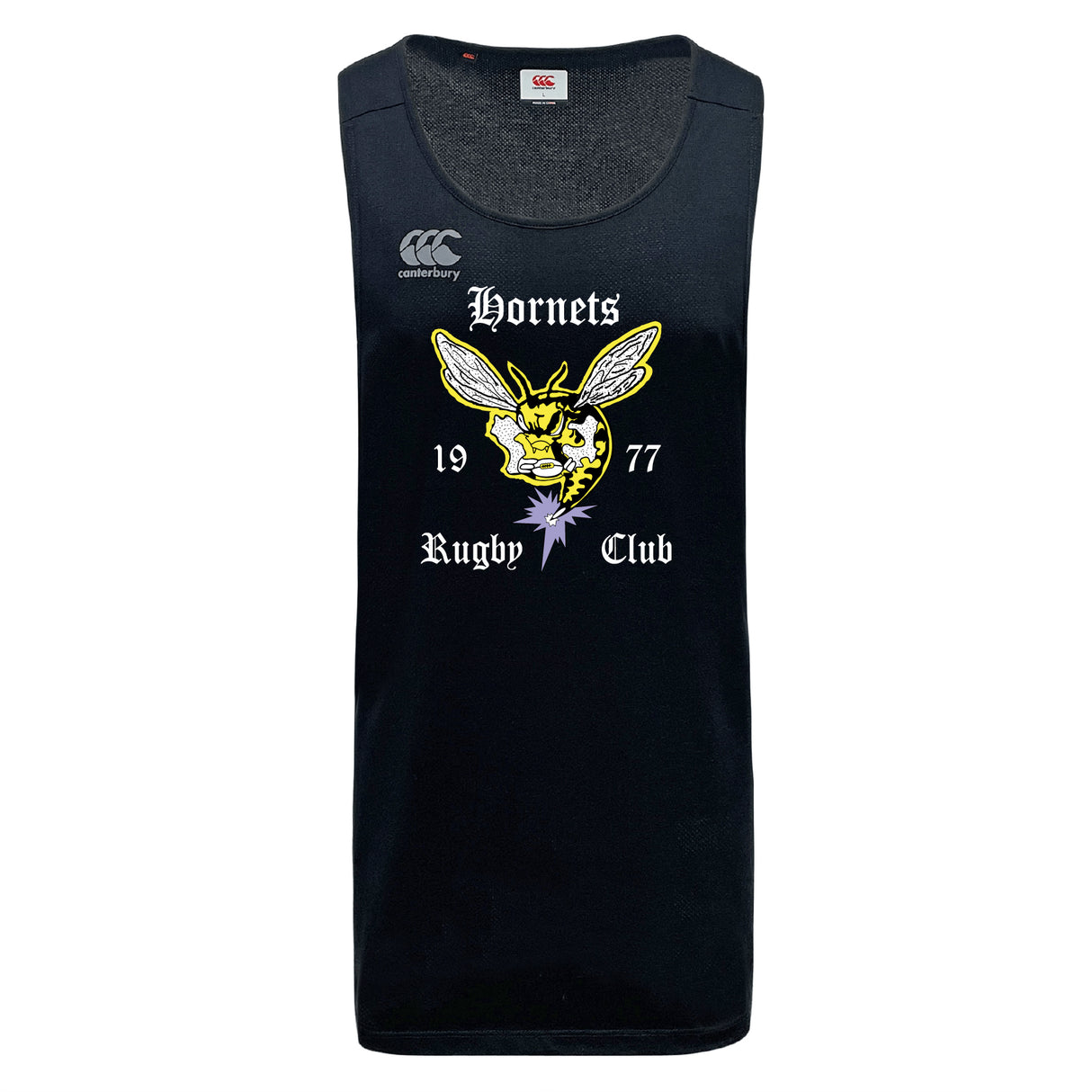 The Hornets Rugby Club Tempo Vapodri Singlet by WRS Canterbury is a black sleeveless jersey made from recycled polyester, with "Hornets Rugby Club 1977" and a bold hornet graphic on the front.