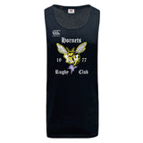 The Hornets Rugby Club Tempo Vapodri Singlet by WRS Canterbury is a black sleeveless jersey made from recycled polyester, with "Hornets Rugby Club 1977" and a bold hornet graphic on the front.