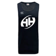 The Clarksville Headhunters Tempo Vapodri Singlet by WRS Canterbury is a black recycled polyester athletic tank featuring VapoDri moisture-management technology, a white stylized "HH" logo, and the Canterbury brand logo on the chest.
