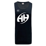 The Clarksville Headhunters Tempo Vapodri Singlet by WRS Canterbury is a black recycled polyester athletic tank featuring VapoDri moisture-management technology, a white stylized "HH" logo, and the Canterbury brand logo on the chest.
