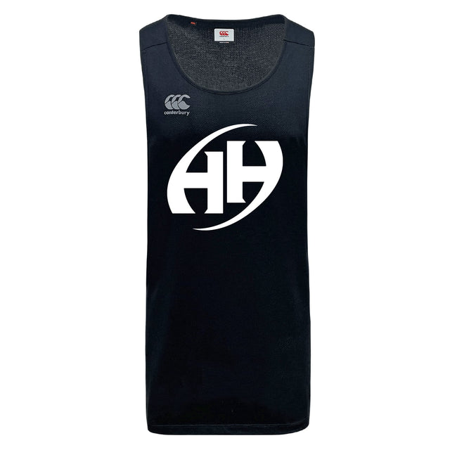 The Clarksville Headhunters Tempo Vapodri Singlet by WRS Canterbury is a black recycled polyester athletic tank featuring VapoDri moisture-management technology, a white stylized "HH" logo, and the Canterbury brand logo on the chest.