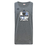 The Austin Huns Rugby Tempo Vapodri Singlet by WRS Canterbury is a gray, sleeveless athletic shirt made from recycled polyester, showcasing the Huns Rugby club logo with Viking helmet, shield, and "EST. 1972" on the front.