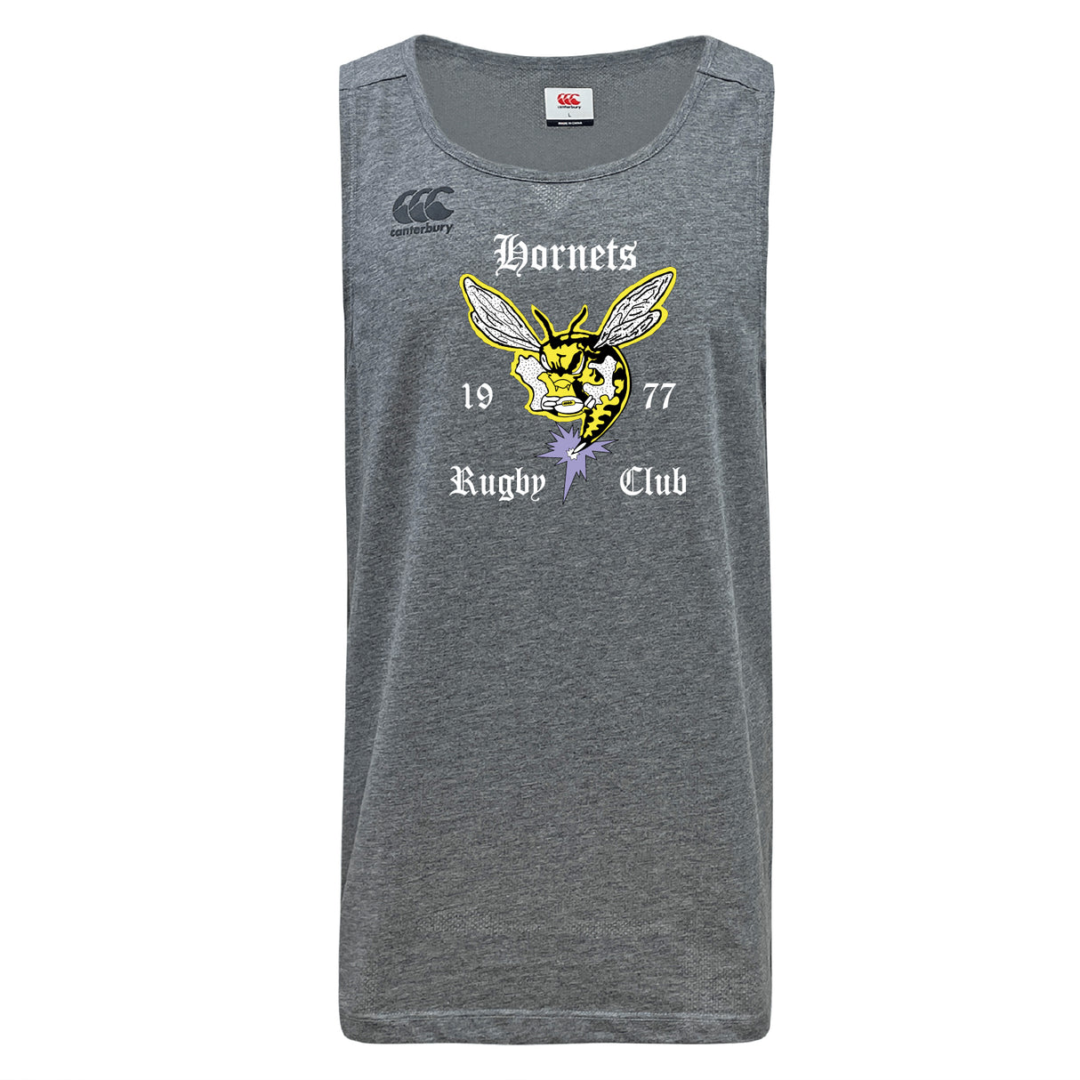 The Hornets Rugby Club Tempo Vapodri Singlet by WRS Canterbury is a grey recycled polyester tank with a yellow hornet graphic, "Hornets Rugby Club 1977" text, Canterbury logo on the left shoulder, and VapoDri tech for comfort.