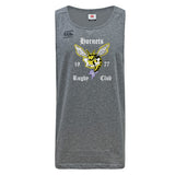 The Hornets Rugby Club Tempo Vapodri Singlet by WRS Canterbury is a grey recycled polyester tank with a yellow hornet graphic, "Hornets Rugby Club 1977" text, Canterbury logo on the left shoulder, and VapoDri tech for comfort.
