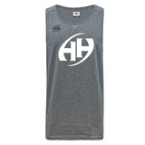 The Clarksville Headhunters Tempo Vapodri Singlet by WRS Canterbury is a grey, sleeveless athletic tank top with a large white "HH" logo on the front, a small Canterbury logo on the chest, and made from recycled polyester for comfort.