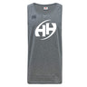 The Clarksville Headhunters Tempo Vapodri Singlet by WRS Canterbury is a grey, sleeveless athletic tank top with a large white "HH" logo on the front, a small Canterbury logo on the chest, and made from recycled polyester for comfort.