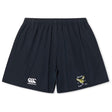 The Hornets Rugby Club Yokohama Short by EMB Canterbury features navy blue fabric, an elastic waistband, a white Canterbury logo on the left leg, and a yellow Hornets Rugby Club emblem on the right leg.