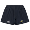 The Hornets Rugby Club Yokohama Short by EMB Canterbury features navy blue fabric, an elastic waistband, a white Canterbury logo on the left leg, and a yellow Hornets Rugby Club emblem on the right leg.