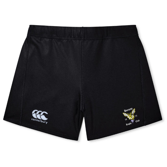 The EMB Canterbury Hornets Rugby Club Women's Yokohama Short features a left-leg logo and a right-leg yellow hornet with "Hornets Rugby Club 1967." These lightweight, durable shorts are perfect for women's rugby.