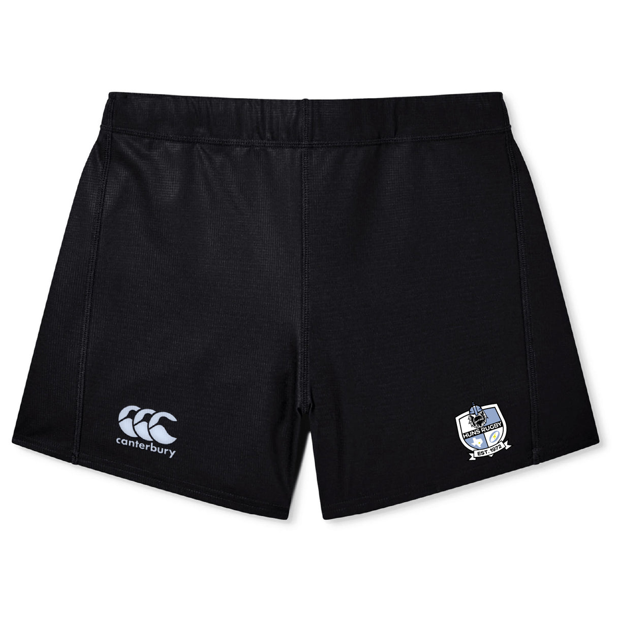 The Austin Huns Rugby Women's Yokohama Short by EMB Canterbury features the Canterbury logo on the left and a crest patch on the right leg, shown against a white background—ideal for fans of classic women's rugby shorts.