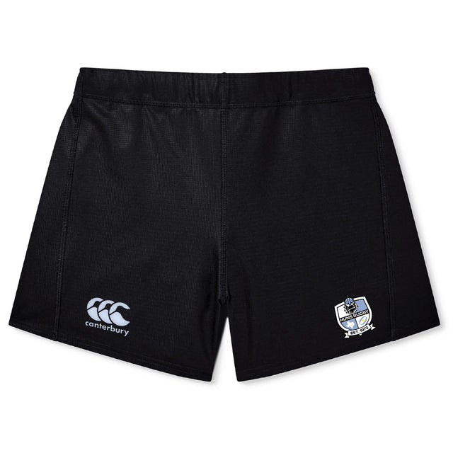 The Austin Huns Rugby Women's Yokohama Short by EMB Canterbury features the Canterbury logo on the left and a crest patch on the right leg, shown against a white background—ideal for fans of classic women's rugby shorts.