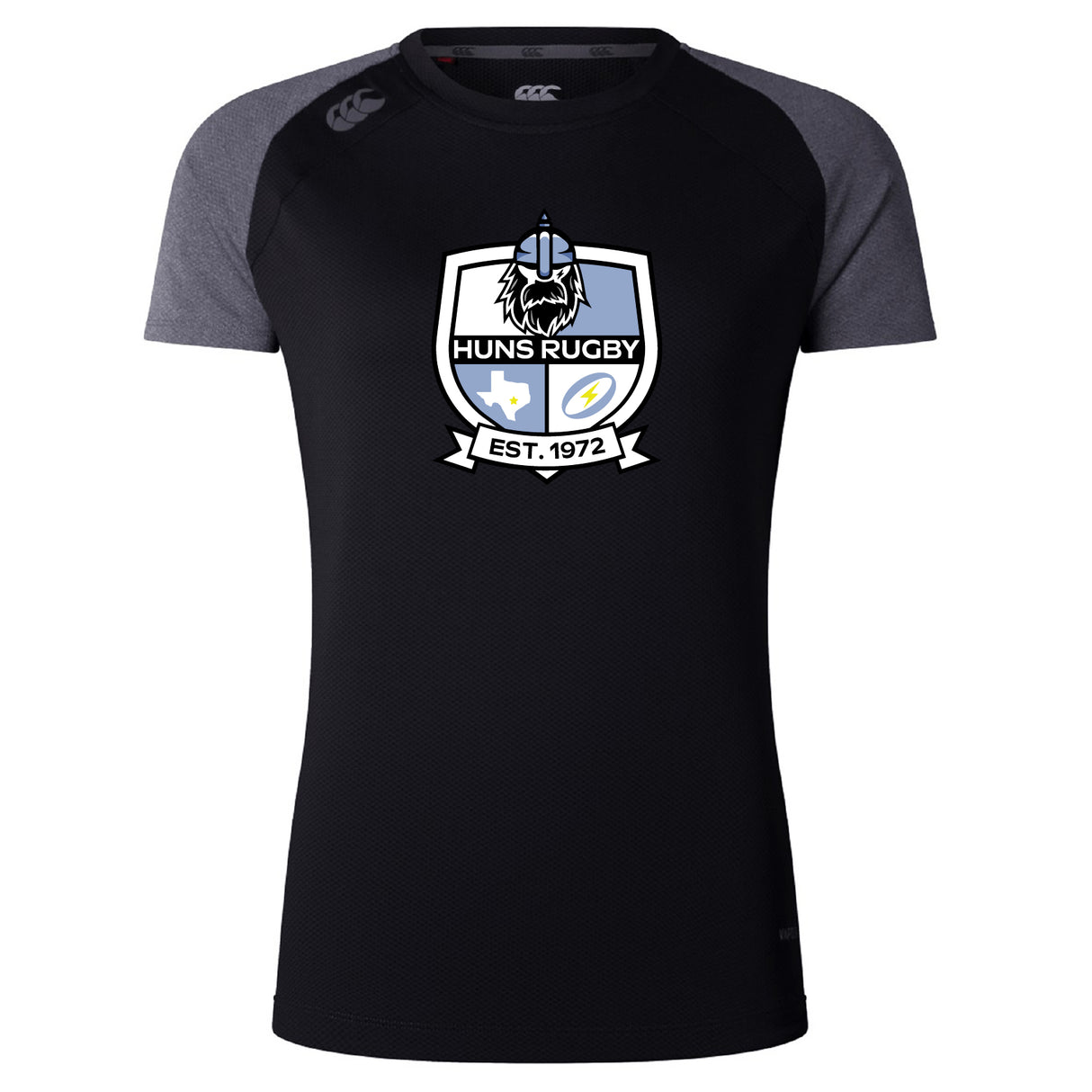 The Austin Huns Rugby Women's Elite Training Tee by WRS Canterbury is a black and grey short-sleeve lightweight shirt with a "Huns Rugby" crest featuring a Viking helmet, stars, and "EST. 1972" on the front.