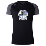 The Austin Huns Rugby Women's Elite Training Tee by WRS Canterbury is a black and grey short-sleeve lightweight shirt with a "Huns Rugby" crest featuring a Viking helmet, stars, and "EST. 1972" on the front.