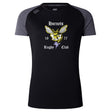 The Hornets Rugby Club Women's Elite Training Tee by WRS Canterbury is a black and gray short-sleeve top featuring "Hornets Rugby Club 1977" and a yellow hornet logo, designed for breathable comfort on and off the field.