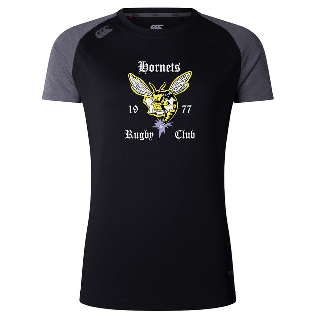 The Hornets Rugby Club Women's Elite Training Tee by WRS Canterbury is a black and gray short-sleeve top featuring "Hornets Rugby Club 1977" and a yellow hornet logo, designed for breathable comfort on and off the field.