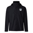 The Austin Huns Rugby Elite Storm Jacket by EMB Canterbury is a black, long-sleeve waterproof jacket with a white and blue embroidered crest on the left chest and a small white logo on the right shoulder—ideal for pitchside comfort.