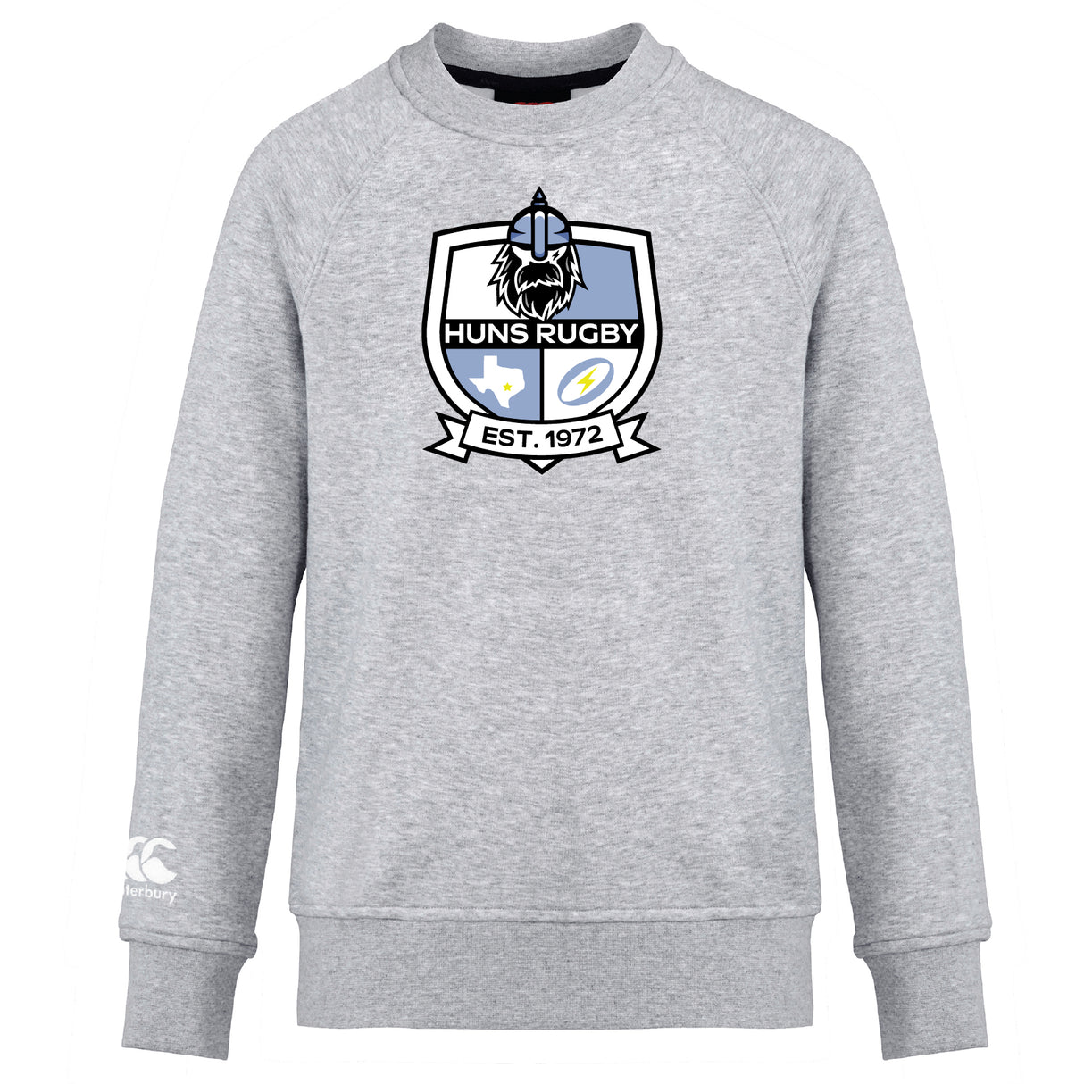 The Austin Huns Rugby Club Crew Sweatshirt by WRS Canterbury is a light grey crew with a bold "Huns Rugby Est. 1972" chest crest and a small Canterbury logo on the sleeve, offering ultra-soft comfort and style.