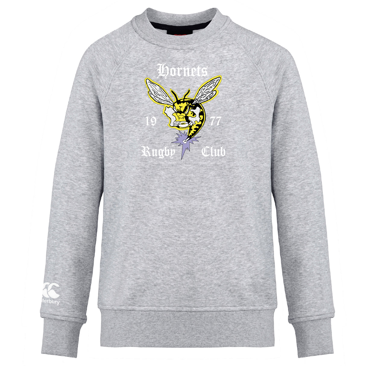 The Hornets Rugby Club Club Crew Sweatshirt by WRS Canterbury features "Hornets Rugby Club 1977" text, a hornet graphic on the front, and an embroidered CCC logo on the left sleeve. This ultra-soft gray sweatshirt offers comfort and club pride.
