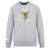 The Hornets Rugby Club Club Crew Sweatshirt by WRS Canterbury features "Hornets Rugby Club 1977" text, a hornet graphic on the front, and an embroidered CCC logo on the left sleeve. This ultra-soft gray sweatshirt offers comfort and club pride.