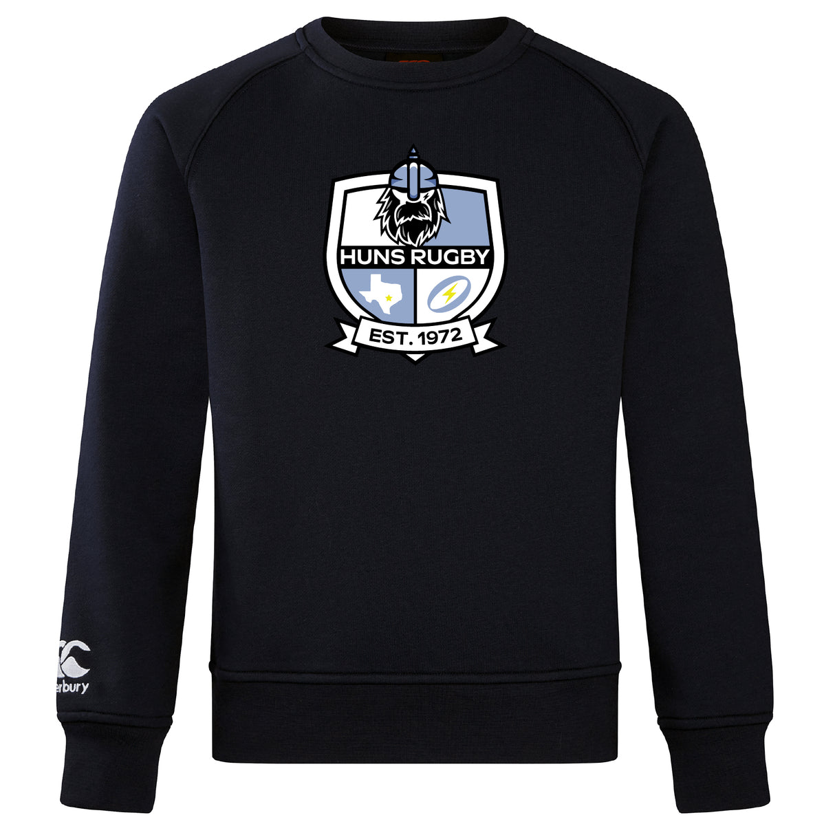 The Austin Huns Rugby Club Crew Sweatshirt by WRS Canterbury is a black crew with a large embroidered Huns Rugby crest on the chest and a small Canterbury logo on the left sleeve.