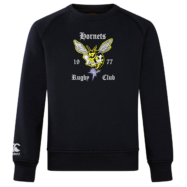 The Hornets Rugby Club Club Crew Sweatshirt by WRS Canterbury is an ultra-soft black sweatshirt with a large hornet graphic, "Hornets Rugby Club 1977" on the front, and an embroidered CCC logo on the left sleeve.