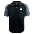 The Austin Huns Rugby Elite Polo by EMB Canterbury features Vapodri fabric, is lightweight and durable, with black and gray design, a collar, button placket, and embroidered crest logo on the left chest.