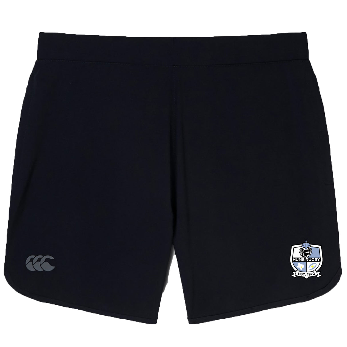 The Austin Huns Rugby Women's Elite Woven Short by Canterbury features a black design, EMB Canterbury logo on the left leg, Austin Huns crest on the right, and zippered pockets for secure storage during training.