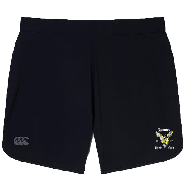 The Hornets Rugby Club Elite Woven Shorts by EMB Canterbury feature a white Canterbury logo and a yellow Hornets Rugby Club 1977 emblem—ideal for training or everyday wear.