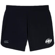 The Clarksville Headhunters Elite Woven Short by EMB Canterbury is a plain black gym short with a white circular "HH" logo on the right leg, a small grey logo on the left, and zippered pockets for secure storage.