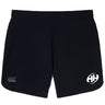 The Clarksville Headhunters Elite Woven Short by EMB Canterbury is a plain black gym short with a white circular "HH" logo on the right leg, a small grey logo on the left, and zippered pockets for secure storage.