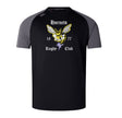 The Hornets Rugby Club Elite Training Tee by Canterbury features black and grey short sleeves, a hornet graphic, "Hornets Rugby Club," and "1977" on the front, made with lightweight Vapodri fabric by WRS Canterbury for comfort on and off the field.