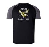 The Hornets Rugby Club Elite Training Tee by Canterbury features black and grey short sleeves, a hornet graphic, "Hornets Rugby Club," and "1977" on the front, made with lightweight Vapodri fabric by WRS Canterbury for comfort on and off the field.