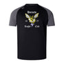 The Hornets Rugby Club Elite Training Tee by Canterbury features black and grey short sleeves, a hornet graphic, "Hornets Rugby Club," and "1977" on the front, made with lightweight Vapodri fabric by WRS Canterbury for comfort on and off the field.