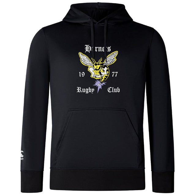 The Hornets Rugby Club Lightweight Hoodie by WRS Canterbury features a black design with a yellow hornet graphic, white "Hornets Rugby Club 1977" text, a small sleeve logo, and a comfy kangaroo pocket.