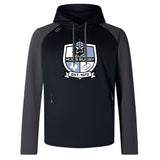 The Austin Huns Rugby Elite Training Hoody by WRS Canterbury features black body, dark gray sleeves, and a front "Huskies Rugby Est. 1972" crest—premium sportswear inspired by the Canterbury Elite Training Hoody.