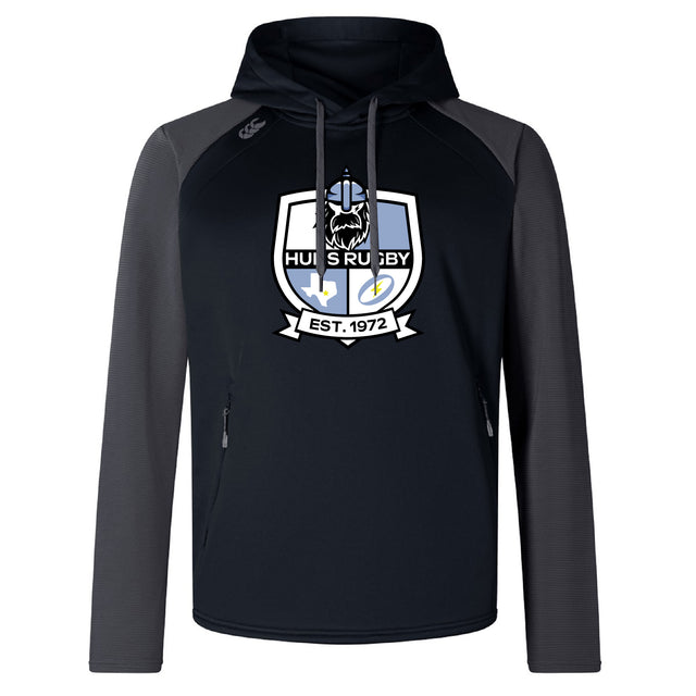 The Austin Huns Rugby Elite Training Hoody by WRS Canterbury features black body, dark gray sleeves, and a front "Huskies Rugby Est. 1972" crest—premium sportswear inspired by the Canterbury Elite Training Hoody.