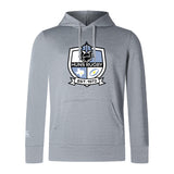 The Austin Huns Rugby Club Lightweight Hoodie by WRS Canterbury features a light gray design with a bold "Huns Rugby Est. 1972" shield emblem and classic kangaroo pocket for comfort.