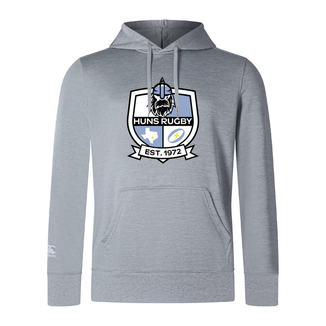 The Austin Huns Rugby Club Lightweight Hoodie by WRS Canterbury features a light gray design with a bold "Huns Rugby Est. 1972" shield emblem and classic kangaroo pocket for comfort.