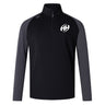The EMB Canterbury Clarksville Headhunters Elite First Layer is a black, long-sleeve quarter-zip rugby training top with dark grey sleeves, VapoDri tech, and a white circular "AH" logo on the left chest.