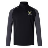 The EMB Canterbury Hornets Rugby Club Elite First Layer is a black/dark gray long-sleeve quarter-zip top with VapoDri technology and a yellow and white embroidered club logo on the left chest.